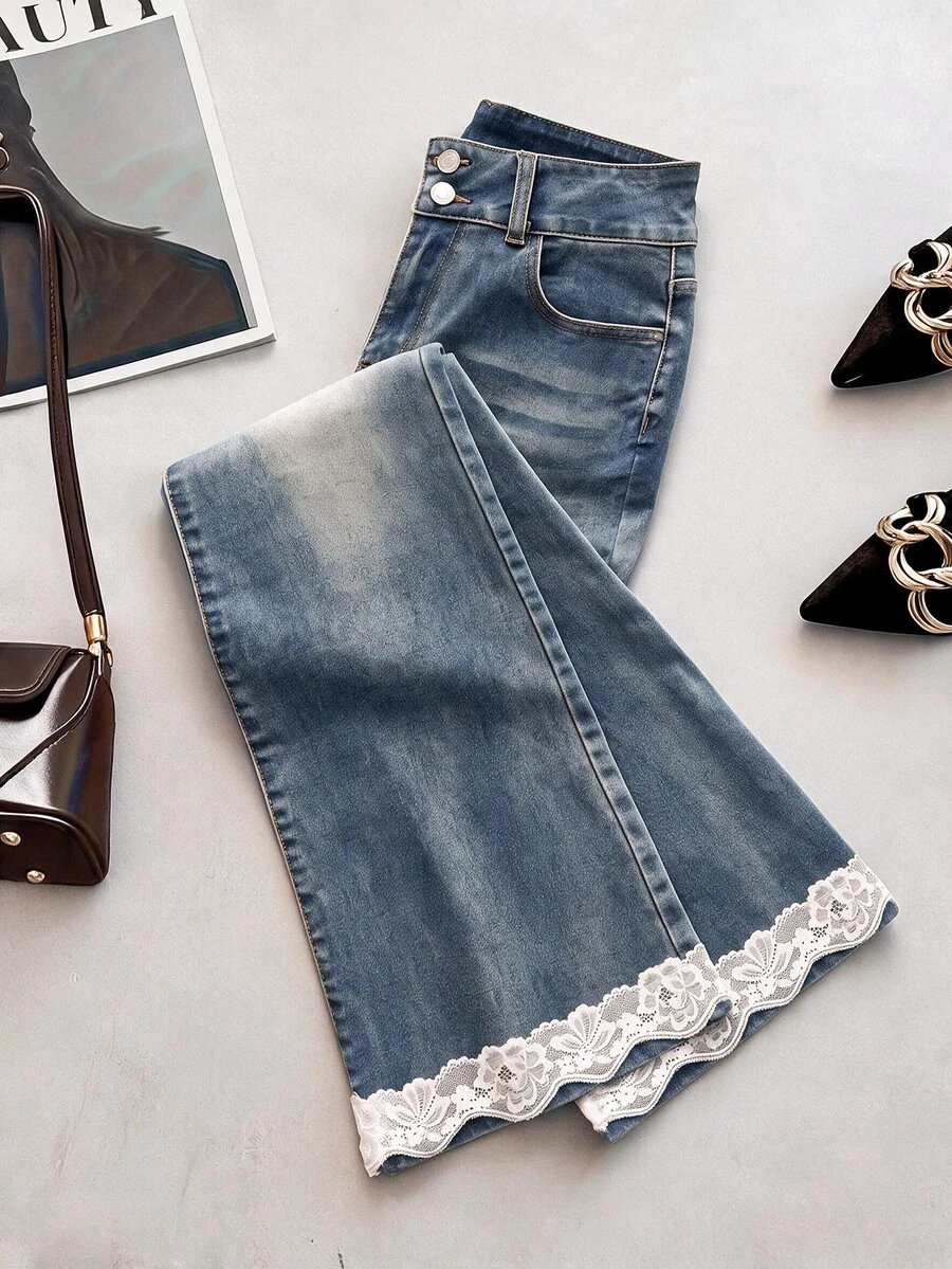 GlowEve Women's Fashion Button Lace Patchwork Denim Jeans - Blue - View 1