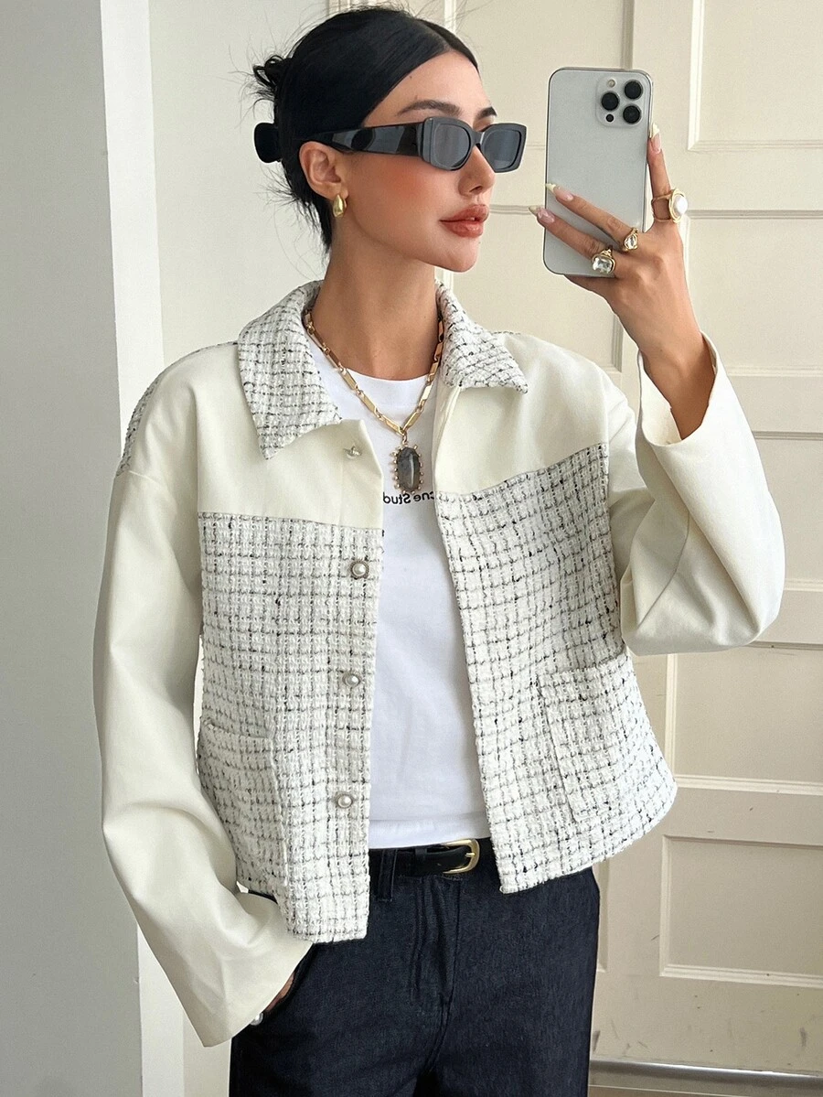 Livesso Jaket Wanita Kasual Serbaguna Longgar Lengan Panjang Berkerah Putih Musim Gugur/Dingin - Putih - View 1