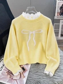 SHEIN Tween Girl CasualPullover Sweater, Elegant Embroidery Lace Trim Heart Embroidery Loose Raglan Sleeve Pullover Sweater, Soft Comfortable Thickened - Yellow - View 5
