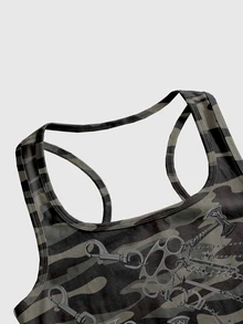 ROMWE Grunge Punk Women's Dark Streetwear Camo Print Tank Top - Green - View 3