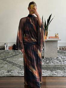 Lumalex Soft Comfortable Mesh High Neck Flowy Long Sleeve Pleated Draped Bodycon Dress With Large Hem For Women - Multicolor - View 8