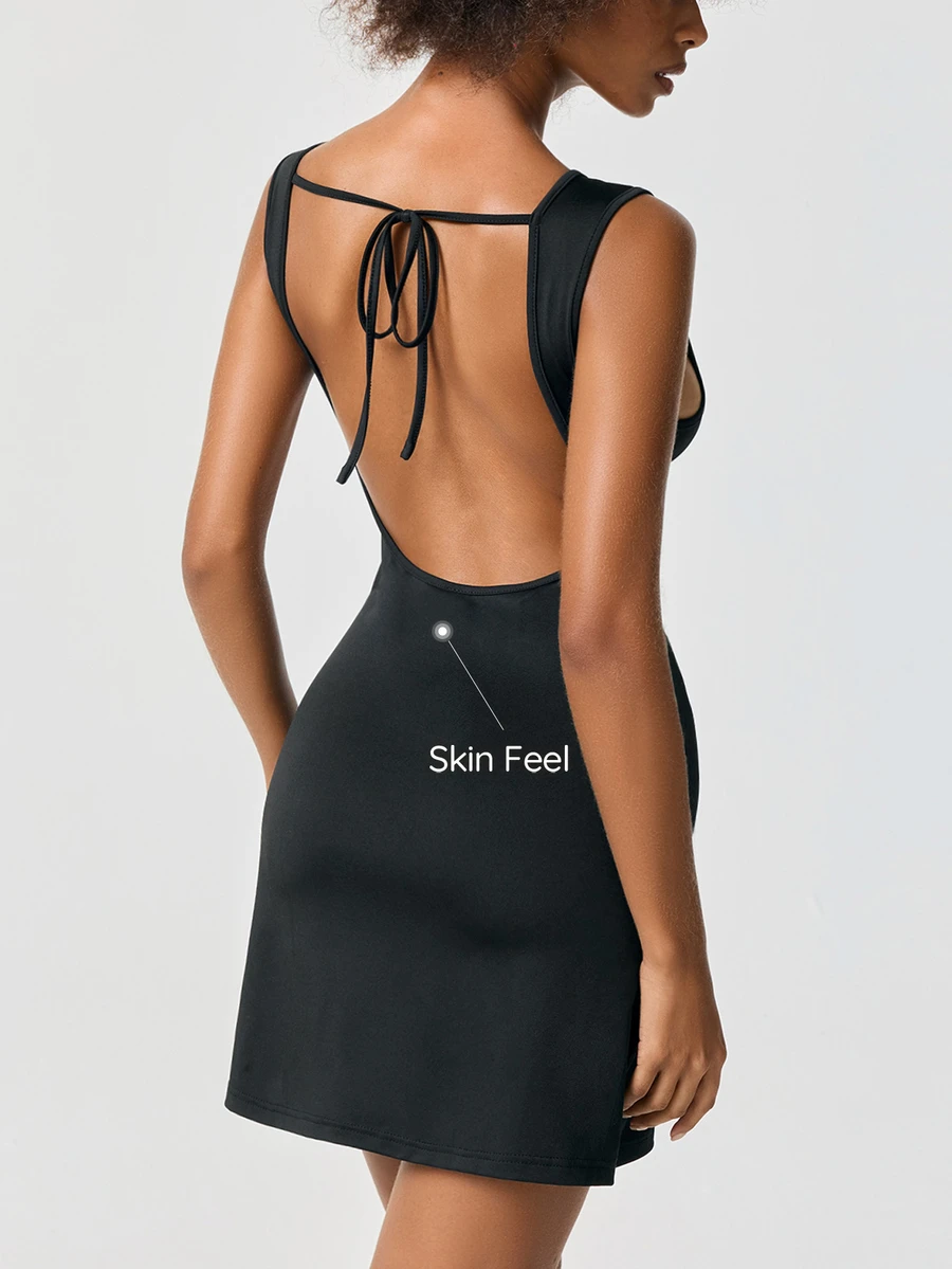 SHAPORA Solid Color Backless Square Neck Cami Casual Dress Women Nightgown - Black - View 1