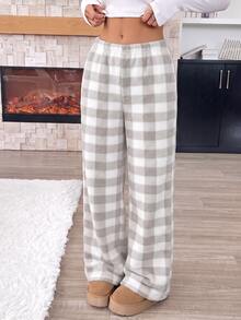 SHEIN 青少年女孩格紋彈性腰寬鬆休閒運動長褲 - 灰色 - 查看 4