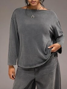 Freevana Blusa vintage de manga larga con cuello barco, lavado ácido negro, patchwork de encaje floral, espalda con capucha, talla grande, para otoño - Gris Oscuro - Ver 7