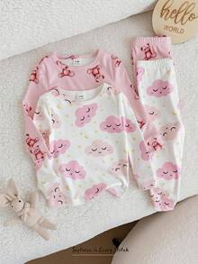 Cozy Pixies 2套甜美卡通雲朵與熊圖案女嬰貼身居家服 - 粉色 - 查看 5
