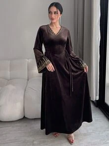 Al Najma Women's V-Neck Colorblock Casual Party Arabian Dress - Brown - View 5
