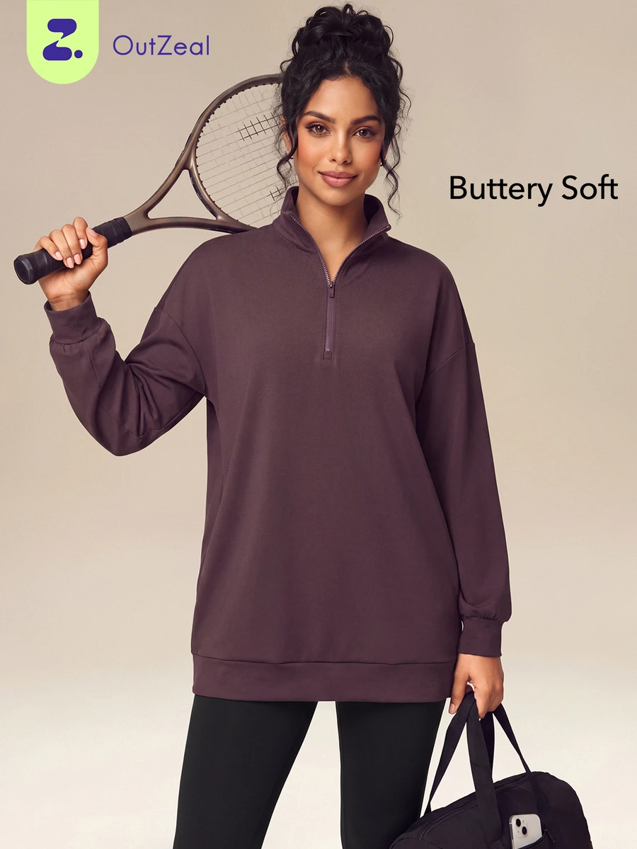 OutZeal Women Sports Sweatshirt Casual Workout Gym Front Half Zip Long Sleeve T-Shirt Winter Fall - Purple - View 1