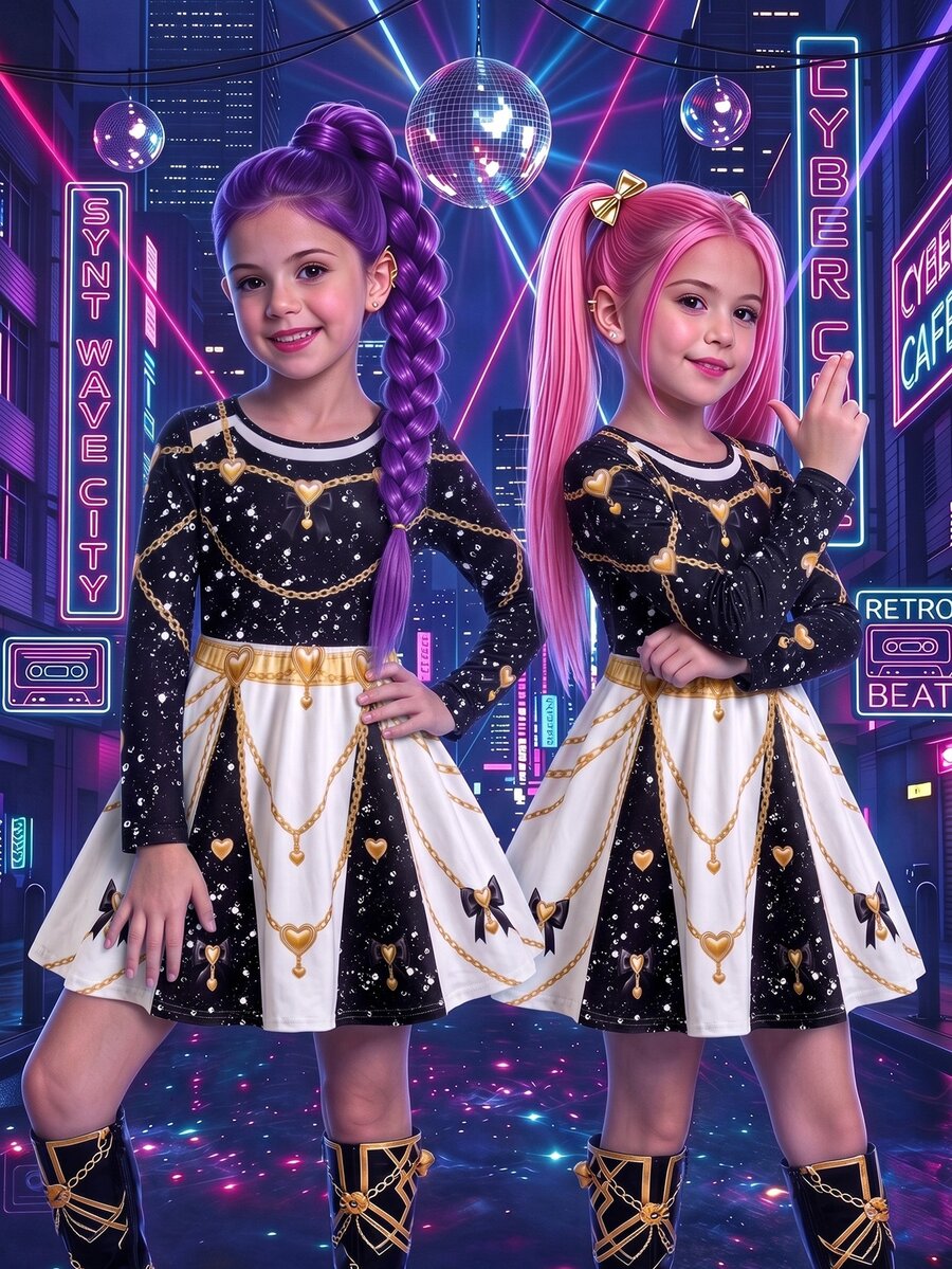 Young Girls Long Sleeve A-Line Dress, Round Neck Gold Chain Print, Baroque Print Birthday Party, Stage Performance Outfit - Multicolor - View 1