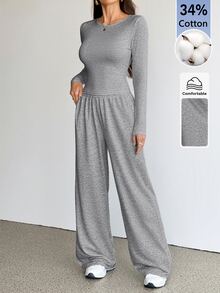 SHEIN Tall 女款純色圓領長袖T恤與長褲休閒兩件套居家日常淺灰色秋季 - 灰色 - 查看 7