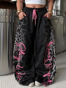 Muchica Plus Size Women's Drawstring Waist Pocket Casual Long Pants Fall - Black - View 6