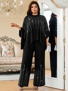 Reflora Plus Size Women's Round Neck Top And Long Pants Casual Daily 2 Pieces Set - Black - View 1