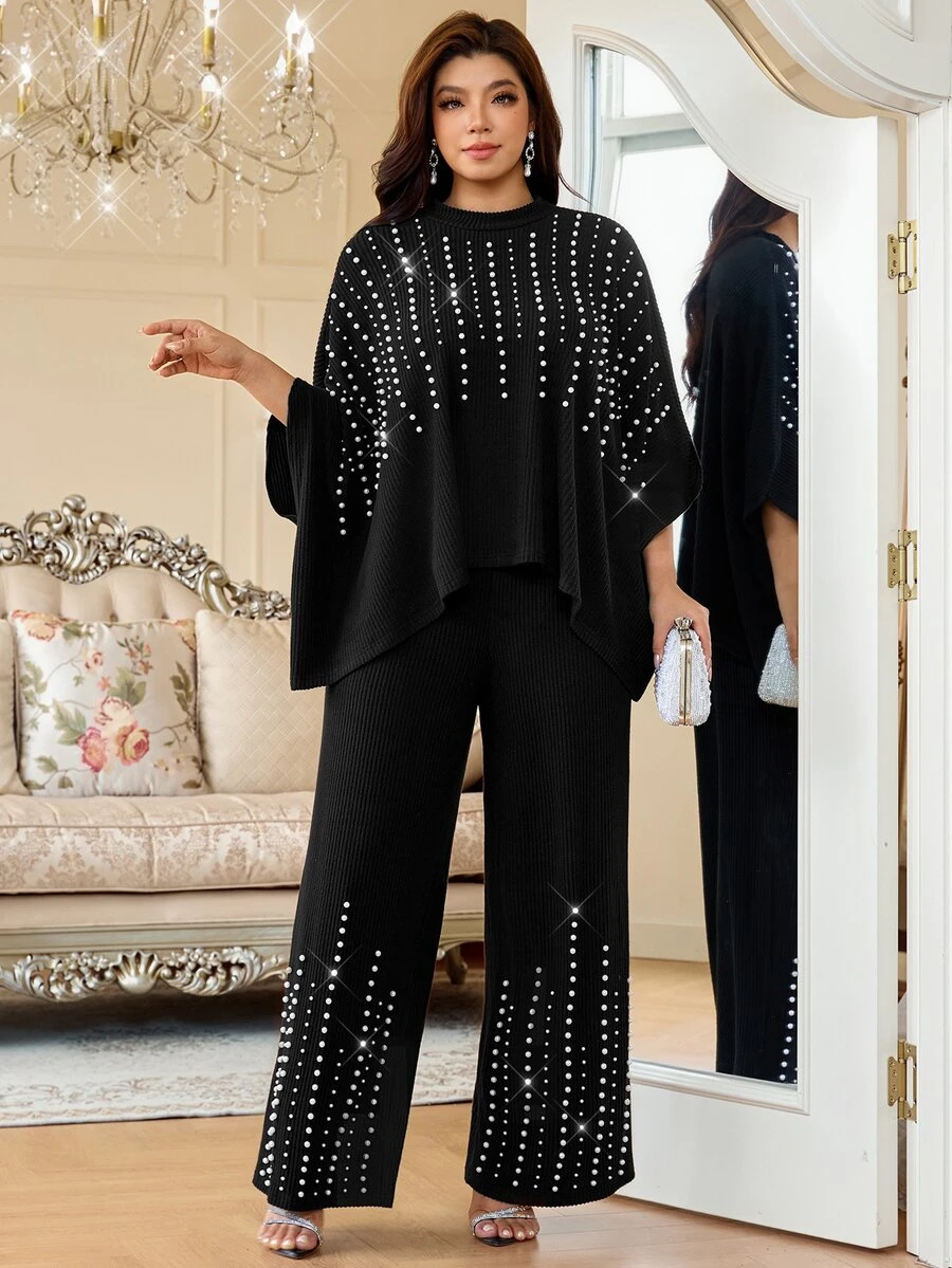 Reflora Plus Size Women's Round Neck Top And Long Pants Casual Daily 2 Pieces Set - Black - View 1