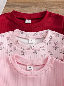 SHEIN 女童碎花淺粉色、蓮花粉、深紅色蝴蝶結印花飄逸袖三色上衣，簡約可愛甜美，適合室內外穿著，四季皆宜 - 彩色 - 查看 3