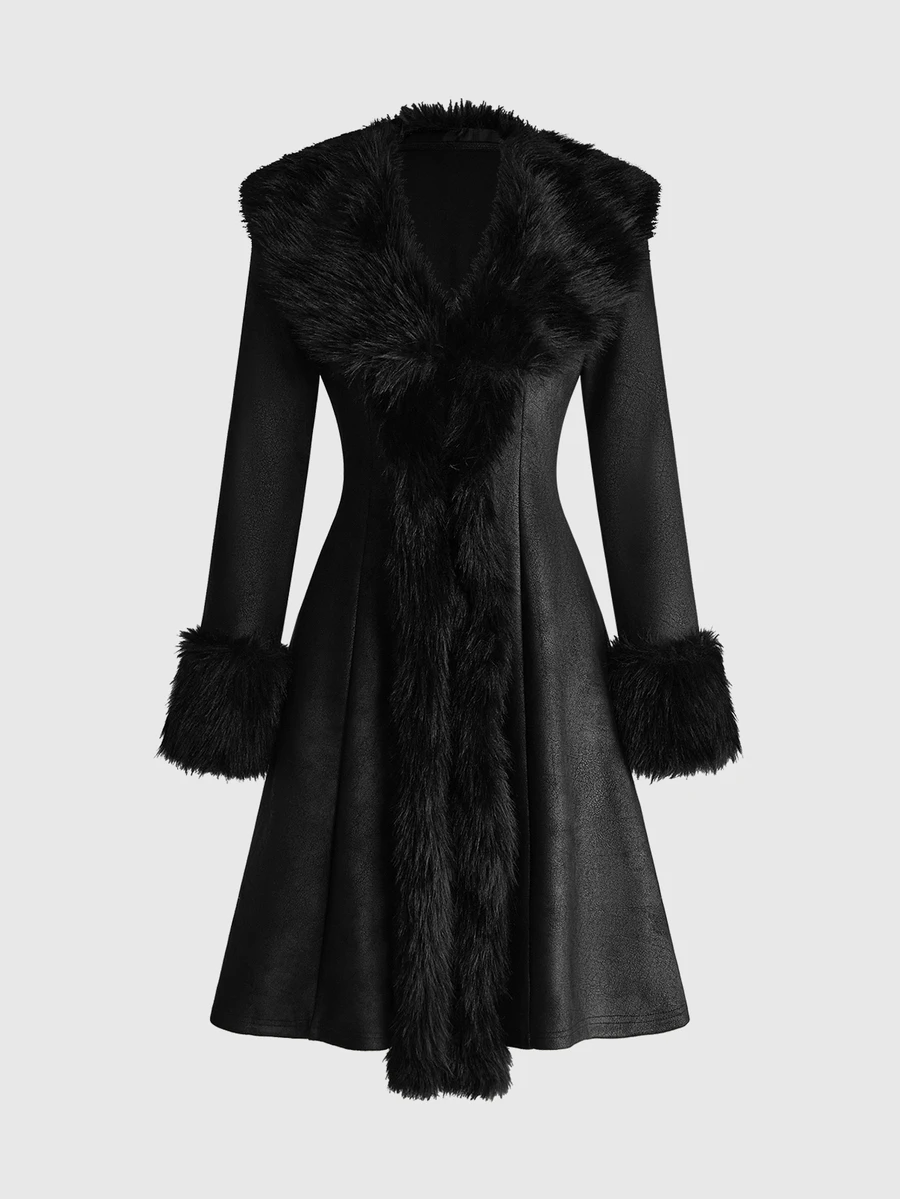 ROMWE Goth Autumn/Winter Distressed Suede Patchwork Fur Trim Slim Fit A-Line Jacket - Black - View 1