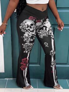 Slaydiva Women's Criss-Cross Waist Skull Print Flared Leg Pants - Multicolor - View 5