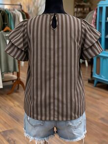 Linhara Plus Size Women's Striped Round Neck Top, Front Shirred Double Layer Flutter Sleeve Design, Loose Shirred Slimming, Casual Vacation Style Comfortable Blouse - Brown - View 2
