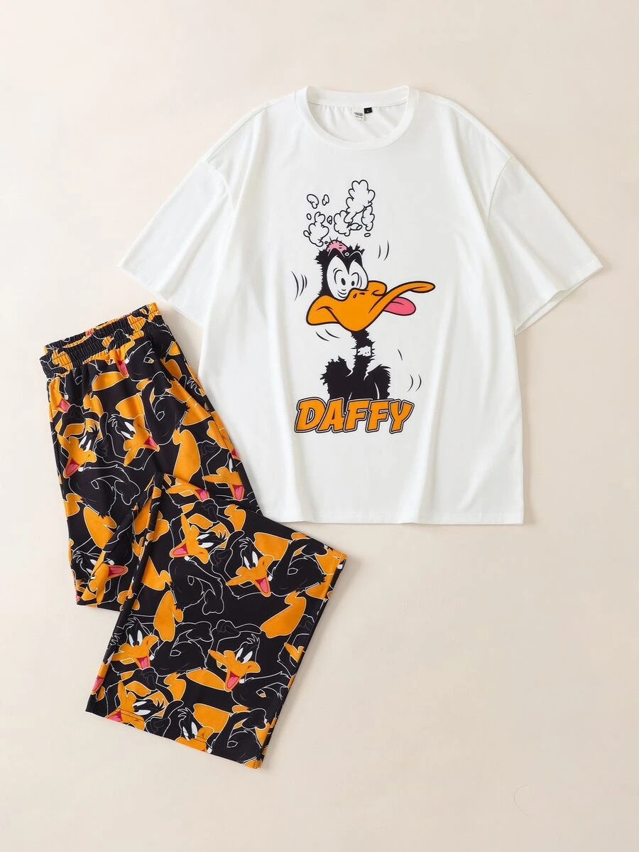 LOONEY TUNES X SHEIN Men's Letter Cartoon Print Short Sleeve Top And Long Pants Casual Daily Home Wear Set - Black and White - View 1