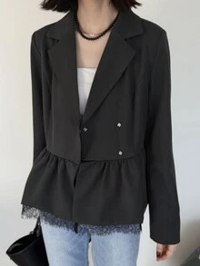 FRIFUL Women's Lace Patchwork Tie Design Casual Commute Blazer - Grey - View 3