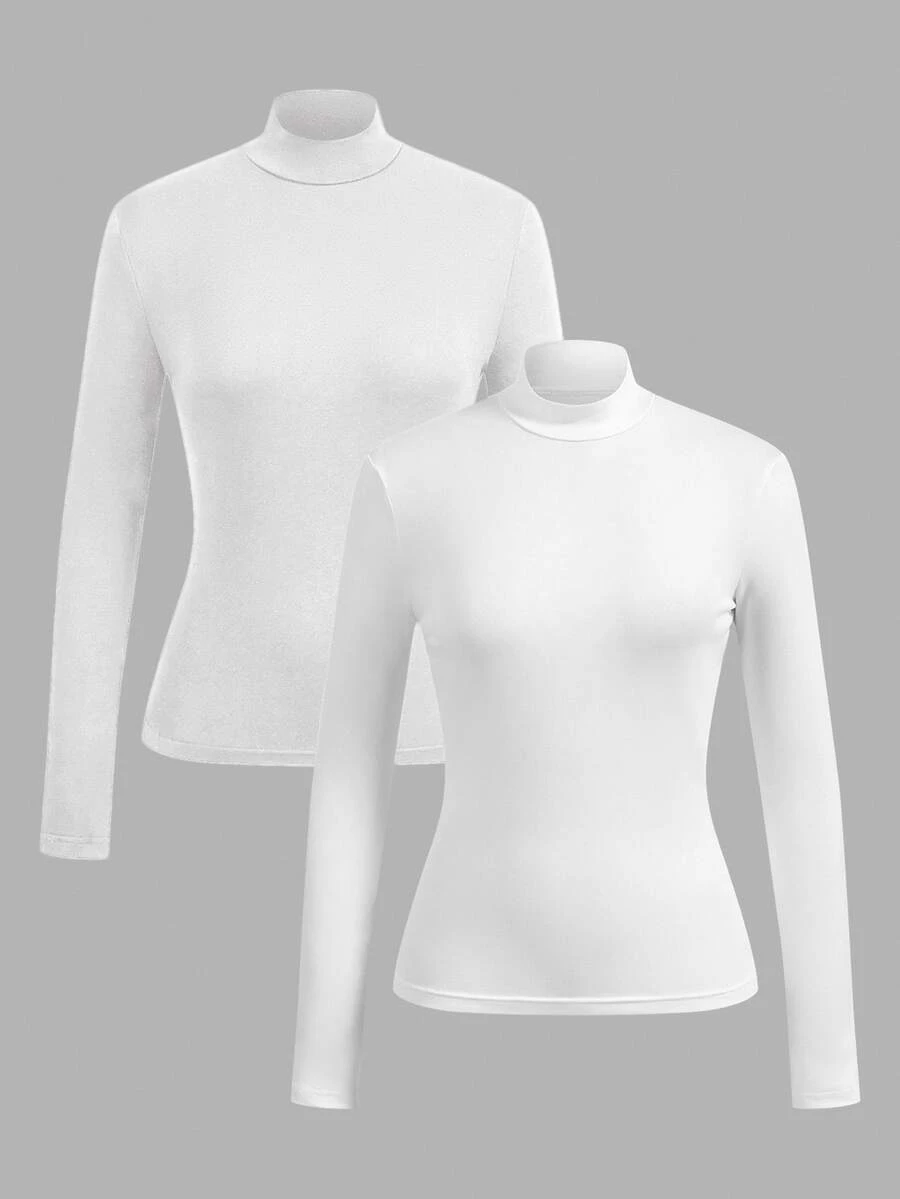 SHEIN EZwear 2件組女款純色立領長袖休閒百搭T恤 - 白色 - 查看 1