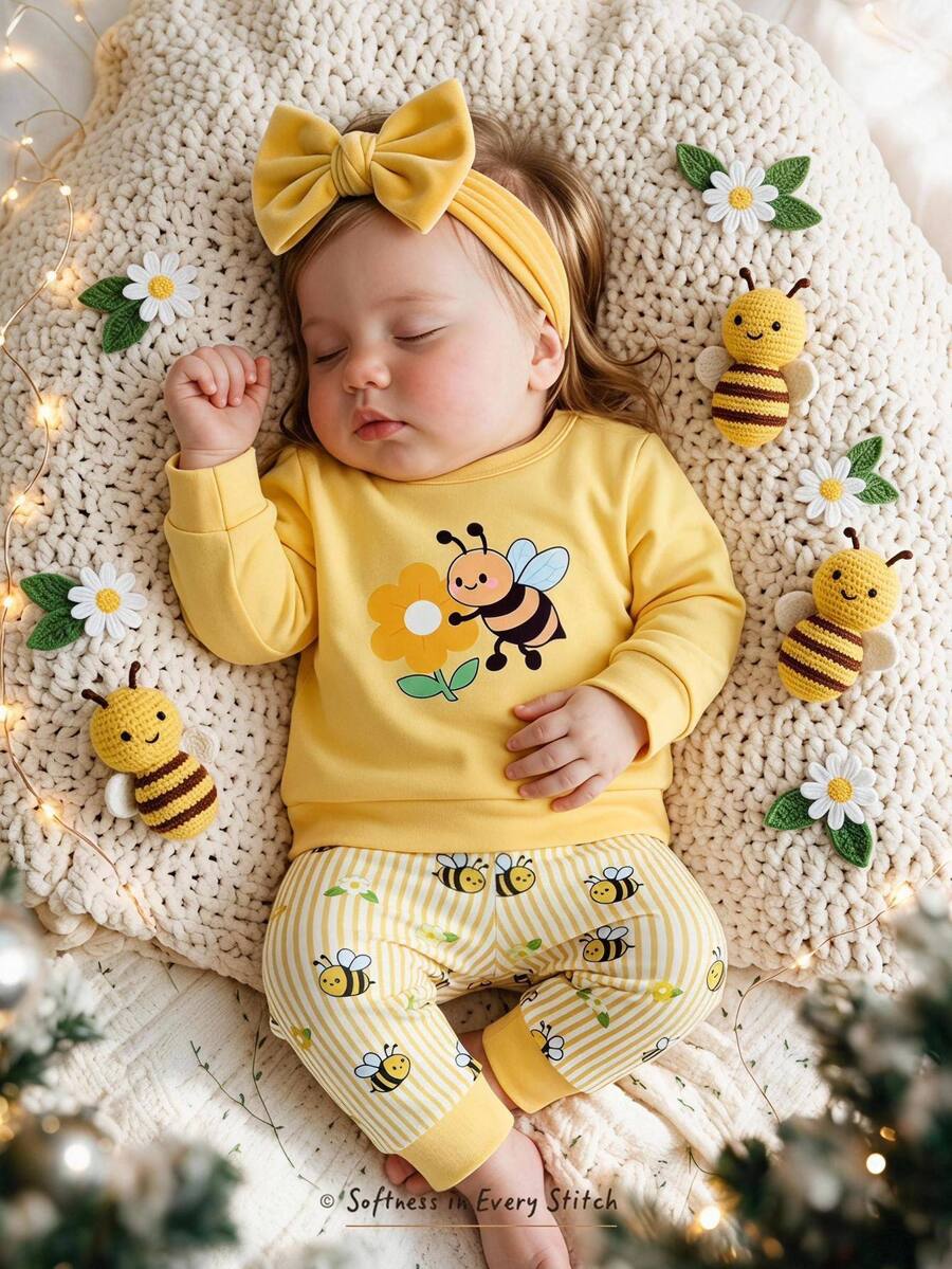 Cozy Pixies Set Pakaian Santai Anak Perempuan Motif Lebah Kecil yang Lucu, Leher Bulat, Lengan Panjang, Pas Badan - Kuning - View 1