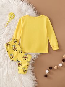 SpongeBob SquarePants | SHEIN 男嬰長袖長褲修身居家服套裝 - 黃色 - 查看 2