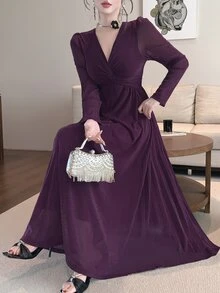 DAZY Women's Solid Color V-Neck Long Sleeve Elegant Dress - Purple - View 8