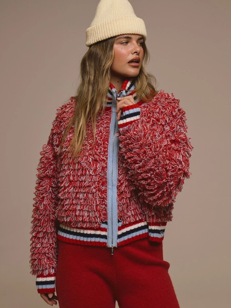 MUSERA Knitted Fringed High Neck Striped Zip Through Jumper Autumn Fall Christmas Cute Holiday Alpine Drift - Multicolor - View 1