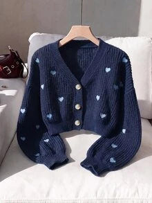 Comfortcana Women's Casual Heart Embroidered Cardigan, Autumn/Winter - Navy Blue - View 1