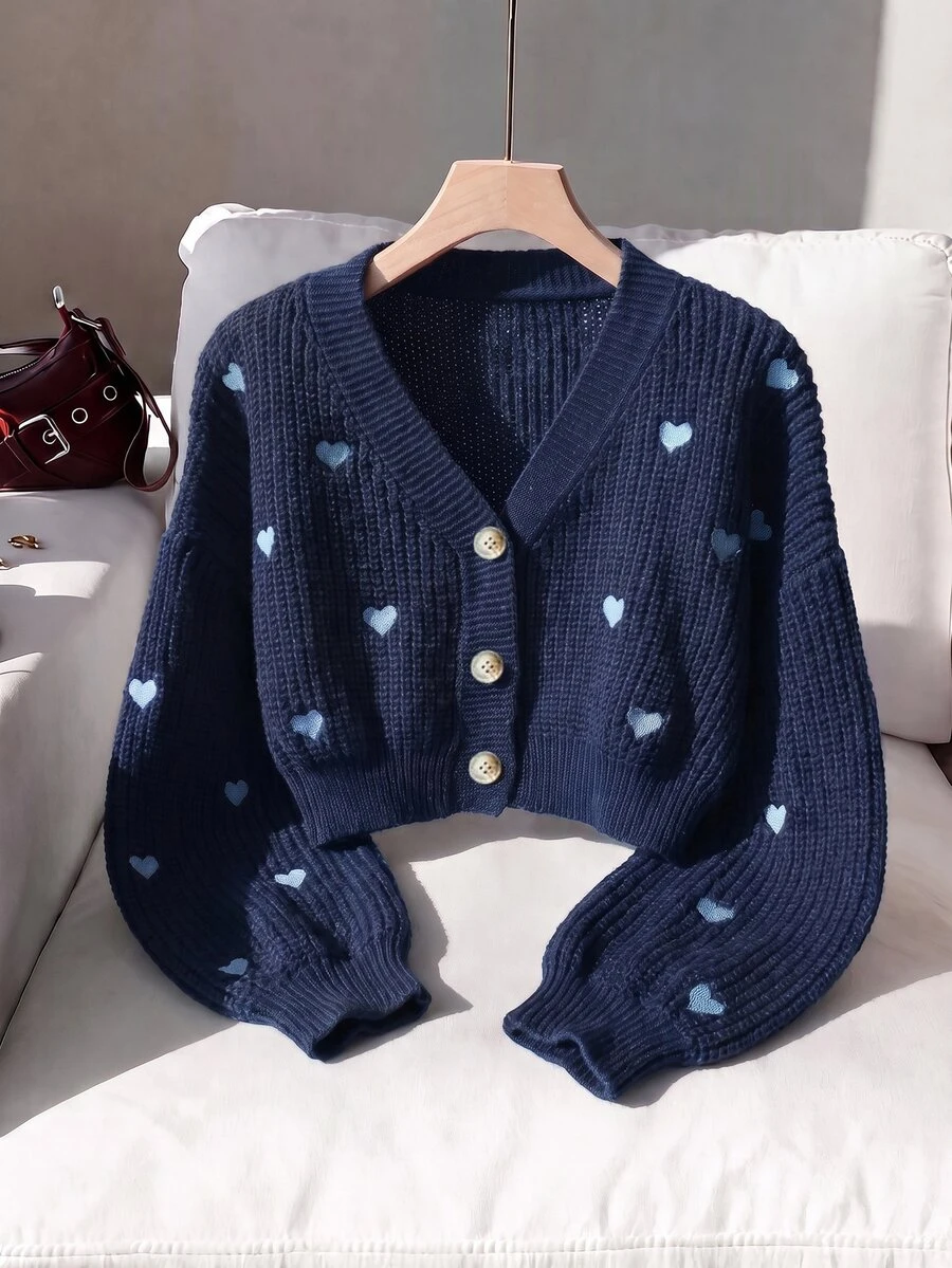 Comfortcana Women's Casual Heart Embroidered Cardigan, Autumn/Winter - Navy Blue - View 1