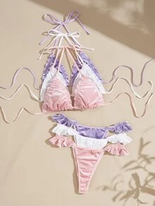 Lullawish Women's Solid Color Ruched Halter Tie Bra And Thong Lingerie Set - Multicolor - View 1