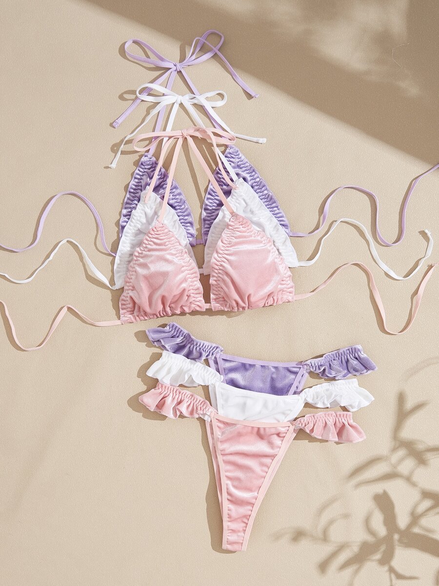 Lullawish Women's Solid Color Ruched Halter Tie Bra And Thong Lingerie Set - Multicolor - View 1