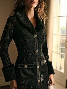 MOTF PREMIUM WOMEN'S ELEGANT LACE PATCHWORK FUR COLLAR LONG DRESS - Black - View 2