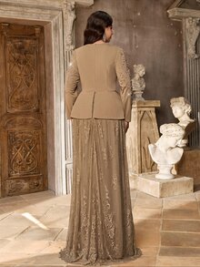 Serin Plus Size Elegant Romantic Khaki Square Neck Luxury Rhinestone & Pearl Embellished 2 In 1 Lace A-Line Dress, Suitable For Wedding, Party, Celebration, Heavy Work Bridal Mother Dress - Khaki - View 3
