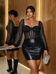 Firerie Plus Size Sexy Rhinestone Fishbone Bodysuit - Black - View 1