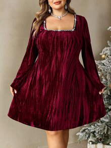 SHEIN CURVE+ Đầm nhung xù trang trí đá rhinestone Giáng Sinh size lớn - Đỏ - Xem 6