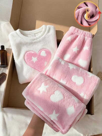 SHEIN Pijama para niña preadolescente, conjunto de invierno de sudadera holgada de cuello redondo y manga larga con bordado de corazón en rosa y blanco esponjoso, y pantalones