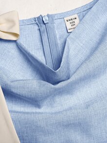 SHEIN 少女肩部打結設計垂領長袖荷葉邊修飾洋裝 - 藍色 - 查看 7