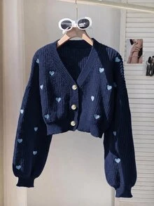 Comfortcana Women's Casual Heart Embroidered Cardigan, Autumn/Winter - Navy Blue - View 4