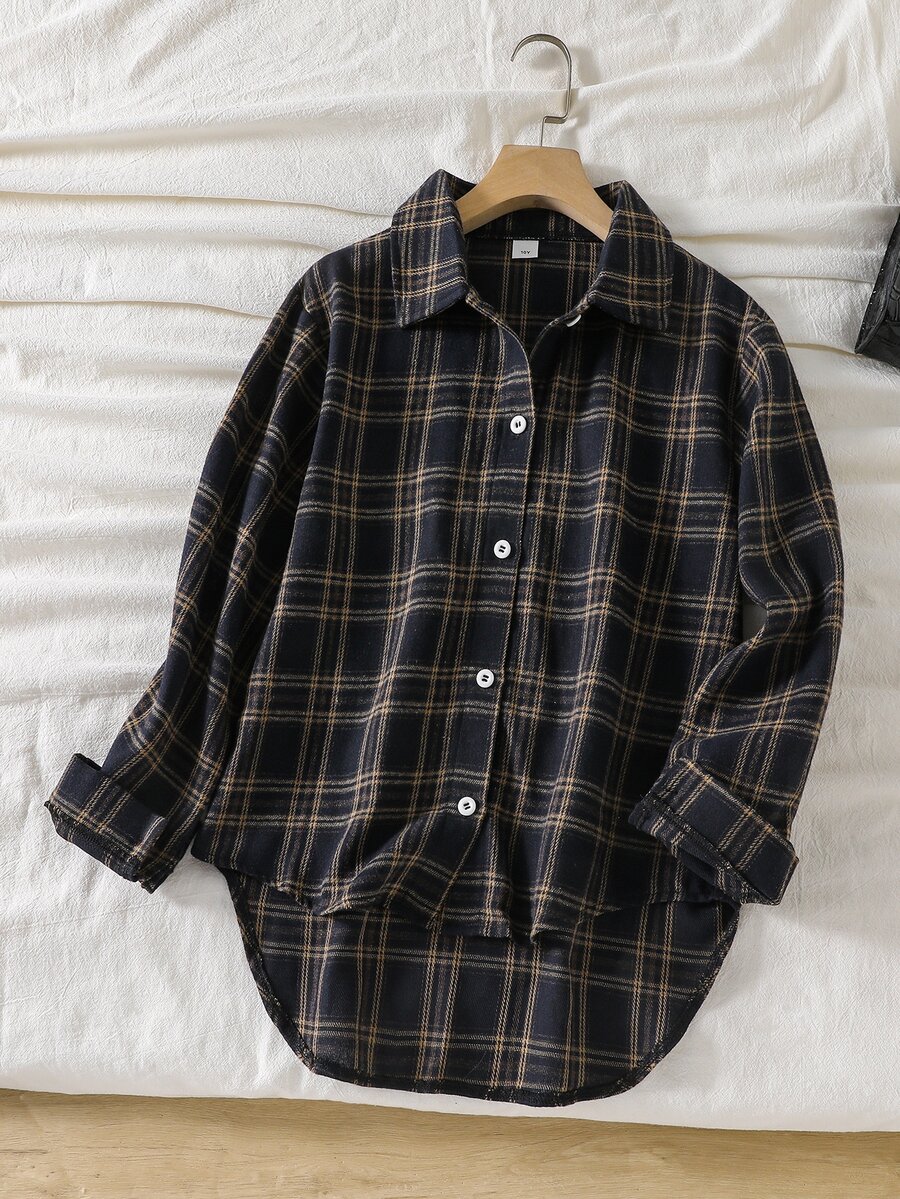 SHEIN 1件女童復古學院風領口格紋襯衫，休閒校園通勤旅行穿搭，春秋款，黑黃格紋單排扣長袖女式襯衫 - 粉色 - 查看 1