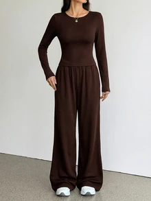 SHEIN Tall 女款秋季休閒長袖上衣與長褲兩件套 - 棕色 - 查看 4