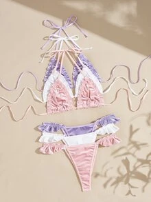 Lullawish Women's Solid Color Ruched Halter Tie Bra And Thong Lingerie Set - Multicolor - View 3