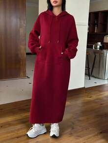 SHEIN EZwear Gray Casual Long Hooded Sweatshirt, Autumn/Winter,Long Sleeve Tops - Burgundy - View 5