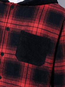 SHEIN 青少年男孩秋季新款連帽格紋帽，兒童時尚復古黑紅格紋長袖開襟上衣，寬鬆連帽口袋設計夾克，春秋休閒多功能外套 - 彩色 - 查看 4