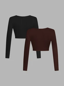 SHEIN SXY 2pcs Women's Casual Minimalist Modest Basic Solid Color Cropped T-Shirt, Autumn Basic Tees Gym Black White - Coffee Brown - View 2