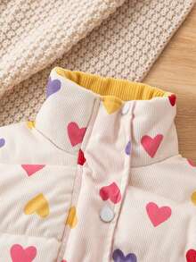 SHEIN Elladie kids 女童冬季甜美風白色立領愛心印花燈芯絨加厚棉襖外套，對比色內裡、鈕扣開合 - 彩色 - 查看 4