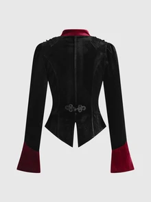 ROMWE Autumn/Winter Gothic Christmas Court Style Embroidered Leg-Of-Gigot Sleeve Cinched Waist Velvet Jacket - Black - View 2
