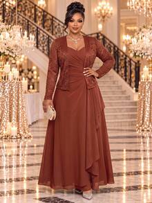 Fleurora Plus Size Versatile Ruched Spaghetti Strap Dress With Lace Cardigan 2 Pieces Set - Coral Orange - View 4