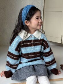 Dazy Kids Young Girl Striped Polo Collar Dropped Shoulder Long Sleeve Casual Sweater - Brown - View 2