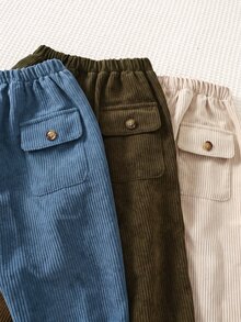 SHEIN 兒童小男孩秋冬新款休閒舒適梭織燈芯絨素色寬鬆長褲3件套，適合秋冬季節 - 彩色 - 查看 5