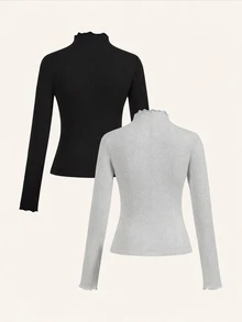 SHEIN EZwear 2件組女款純色立領長袖休閒百搭T恤 - 彩色 - 查看 2